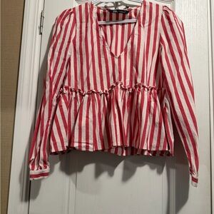 Zara V-Neck Red and White Striped Blouse